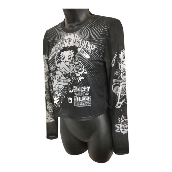 Betty Boop black sheer mesh sweet but strong graphic print long sleeve tee sz M - Picture 4 of 13